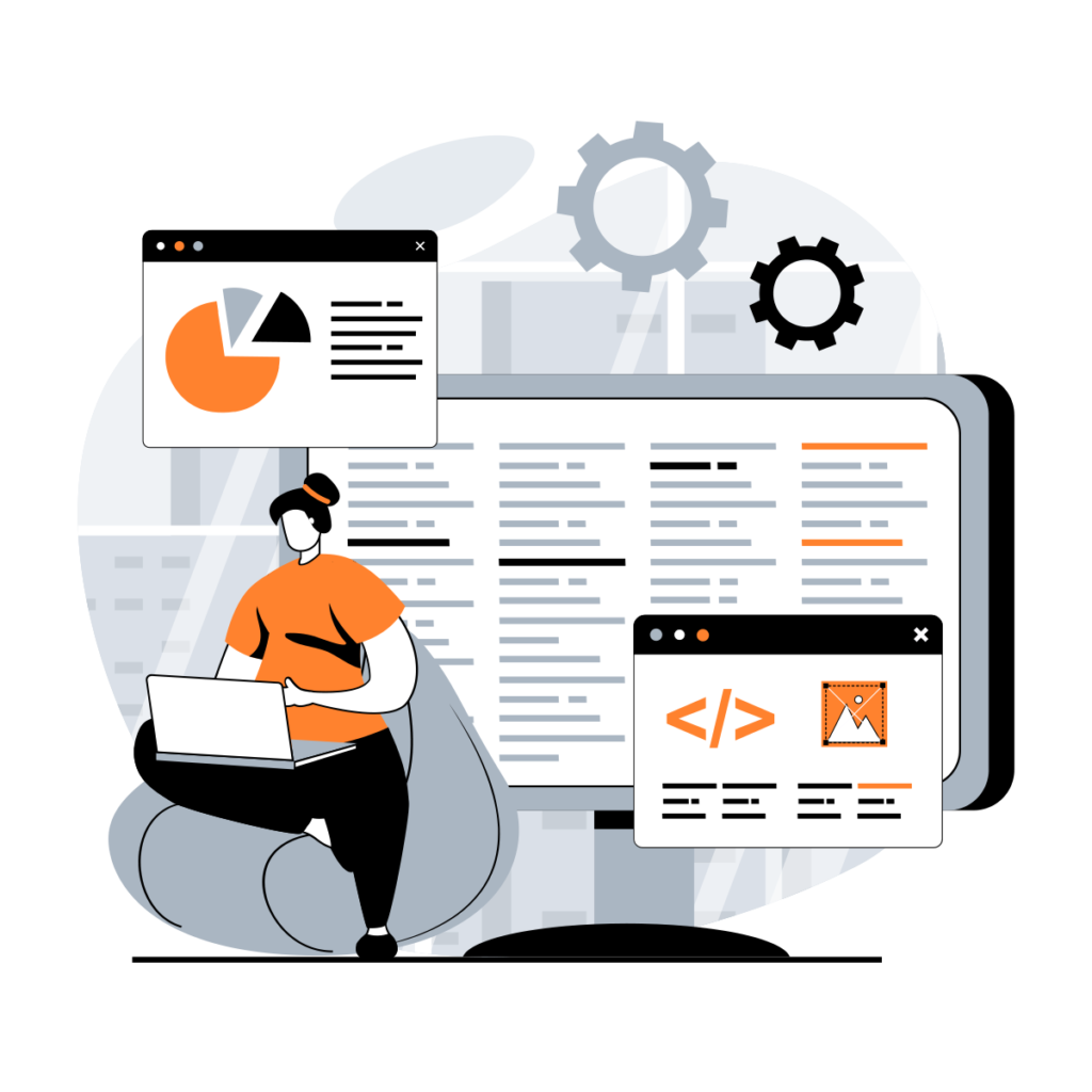 Graphique aux couleurs grises noires et orange qui représente une femme qui travaille sur le développement d'un site internet et sur son référencement