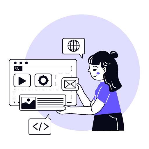 Illustration représentant une jeune femme qui conçoit le design d'un site web